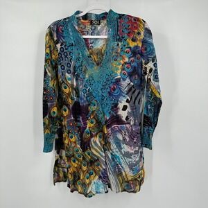 Women Boho Peacock Feather Print Top Size L Art To Wear Maximalist Eclectic Bold